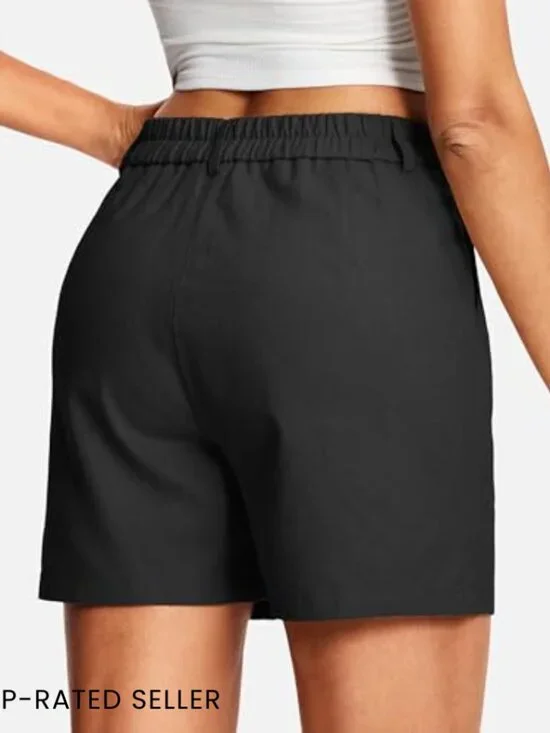 Linen-Blend Pleated Shorts Relaxed Fit Elastic Waist Elegant Business Casual - Picture 2 of 7